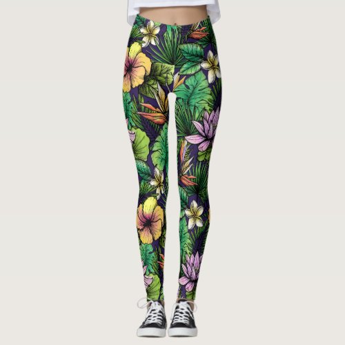 Etched Tropical Flower Pattern Yellow Pink Black Leggings