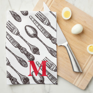 Etched Vintage Silverware Classic Foodie INITIAL Kitchen Towel