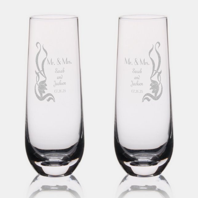 Etched Wedding Champagne Flutes Bride and Groom (Glassware)