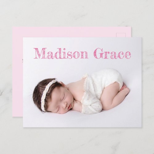 Etching Dusty Pink type Baby girl Name Photo   Announcement Postcard