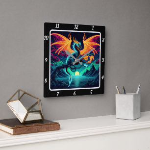 Eternal Blaze Neon Dragon Square Wall Clock