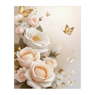 Eternal Bloom: Elegant Peach Rose & Golden Butterf Acrylic Print