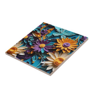Eternal Blooms: Quilled Floral Paper Artwork on Ceramic Tile