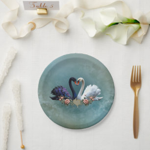 Eternal Bond, Black and White Swans in Love.  Paper Plates