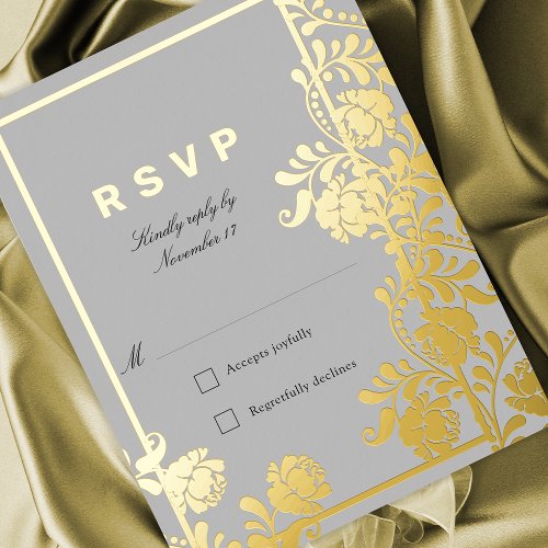 Eternal Elegance Grey and Gold Floral RSVP Foil Invitation Postcard