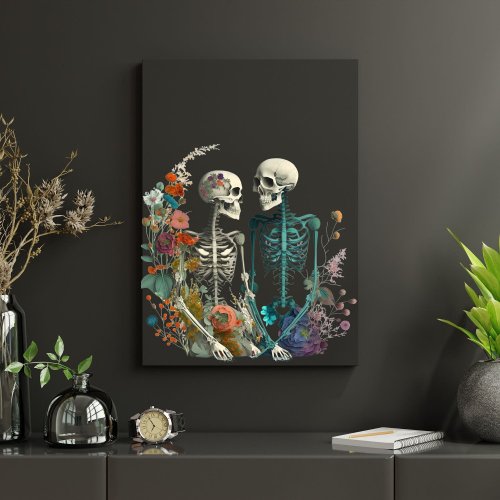 Eternal Embrace Halloween Skeleton Floral Art Poster