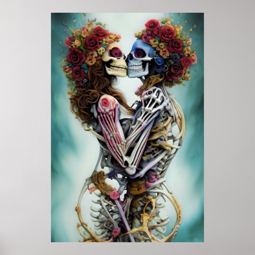 Eternal Embrace Skeletons Tender Kiss Poster