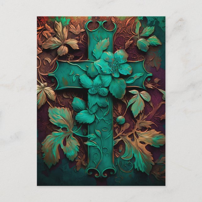 Eternal Faith - A Timeless Verdigris Cross Holiday Postcard (Front)