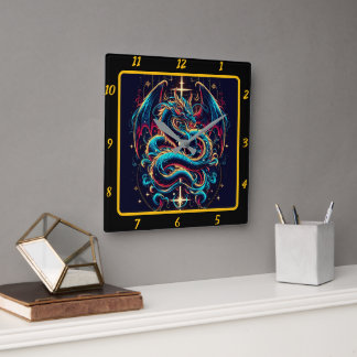 Eternal Flame and Dragon Cross Square Wall Clock