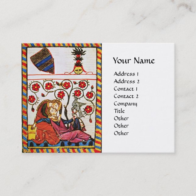 ETERNAL LOVE,Medieval Lovers Red Roses White Business Card (Front)