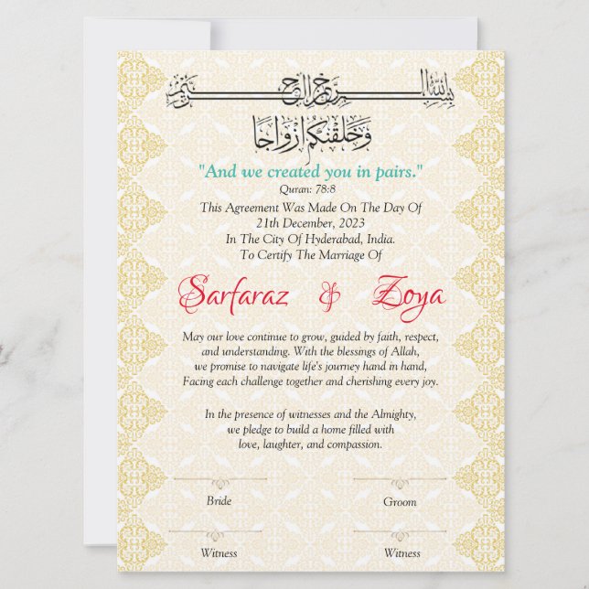 Eternal Love Nikah Certificate (Front)
