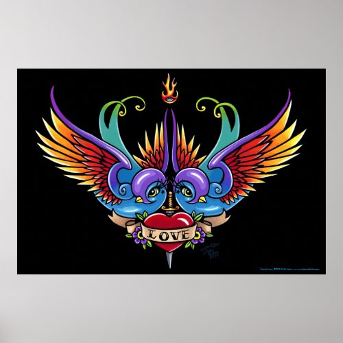 Eternal Love Rainbow Swallow Heart Tattoo Poster