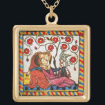 ETERNAL LOVE VALENTINE'S DAY  PARCHMENT GOLD PLATED NECKLACE<br><div class="desc">Colorful expressive antique fine art. Medieval heraldic German miniature from 1200 romantic lovers in a flower garden with a white bird , mixed with old aged brown parchment effects .Easy to customize as a wedding ceremony, nuptial announcement card , place cards , save-the-date , thank you card , bridal showers,...</div>