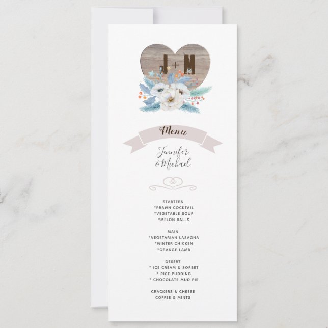 Eternal Love White Flower Blue Leaf Wedding MENU Invitation (Front)