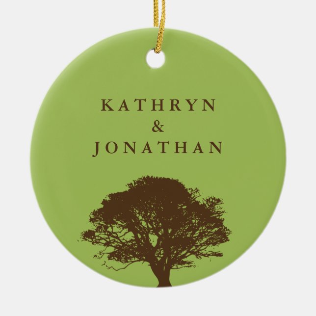 Eternal oak tree sentiment green holiday keepsake ceramic ornament (Front)