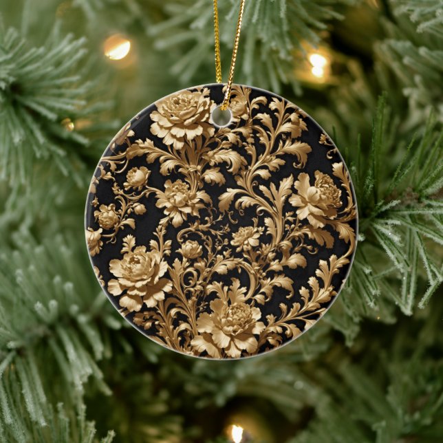 Eternal Opulence: Black and Gold Baroque Floral Ceramic Ornament (Tree)
