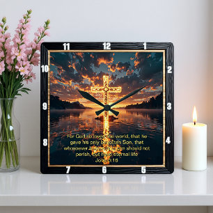 Eternal Promise The Cross Rock Island John 3:16  Square Wall Clock