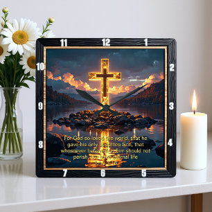 Eternal Promise The Cross Water Shore John 3:16  Square Wall Clock