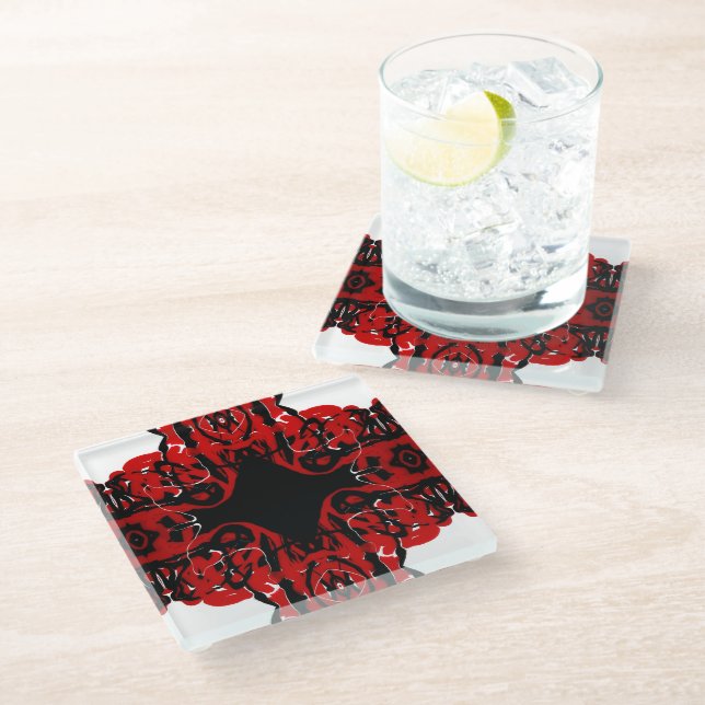 Eternal Red Abstract Acrylic Paint Pour Fluid Art Glass Coaster (Angled)
