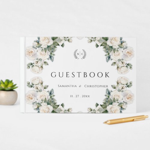 Eternal Roses Elegant Green Floral Wedding  Guest Book