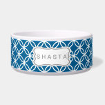 Eternity Circle Pattern Dog Bowl - electric blue<br><div class="desc">Cute eternity circle pattern in white on different colored backgrounds and a fancy design nameplate make this a fashion statement for your pet.  Just add their name and voila--instant custom designer dish for your furbaby.  Easily customized. Lots of colors - electric blue</div>