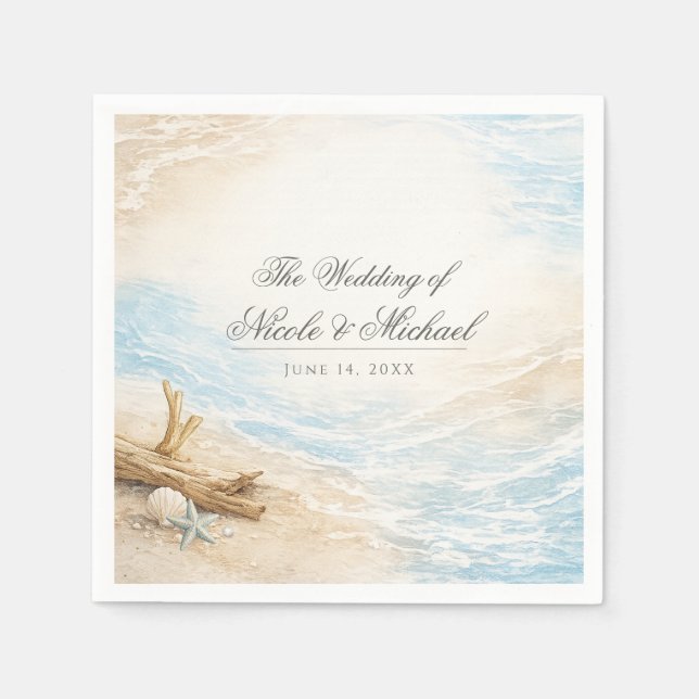 Eterntal Tides Coastal Watercolor Beach Wedding Napkins (Front)
