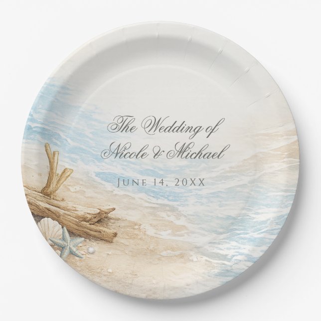 Eterntal Tides Coastal Watercolor Beach Wedding Paper Plates (Front)