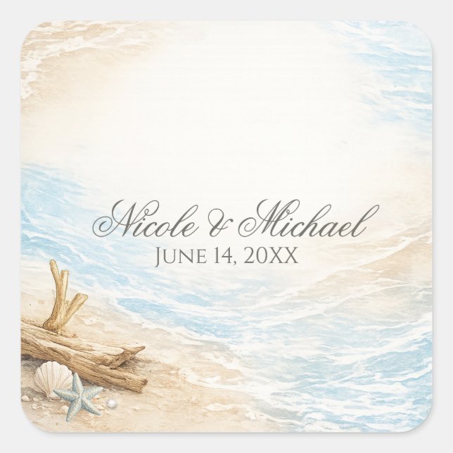 Eterntal Tides Coastal Watercolor Beach Wedding Square Sticker (Front)