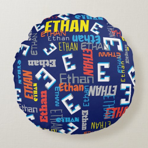 Ethan custom name pixel E gaming blue graphic Round Pillow