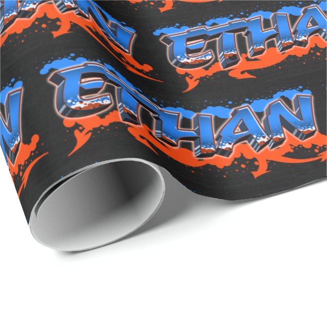 Ethan first name name Graffiti blue orange Wrapping Paper (Roll Corner)