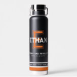 Ethan name meaning sports monogram orange water bottle<br><div class="desc">Simple name meaning lettering text sporting style bottle for the name Ethan meaning Strong and resolute. Impulsive, kind, and long-lived. Other name meanings styles are available or personalize this item with your own name and what your name means to you and your chant or team or name repeated. Ideal for...</div>
