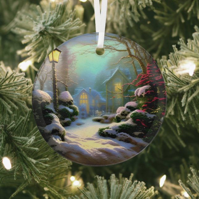 Ethereal 3D Look Winter Scene Kinkade Inspired Glass Ornament (Insitu)
