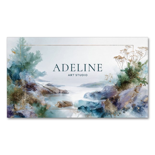 Ethereal Abstract Gold Sparkle Coastal Landscape Business Card Magnet (Front)