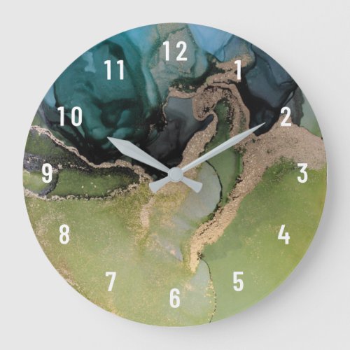 Ethereal Abstract Teal Black Green Gold Large Clock