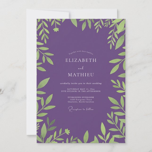 Ethereal Amethyst Leafy Wedding Invitation (Front)
