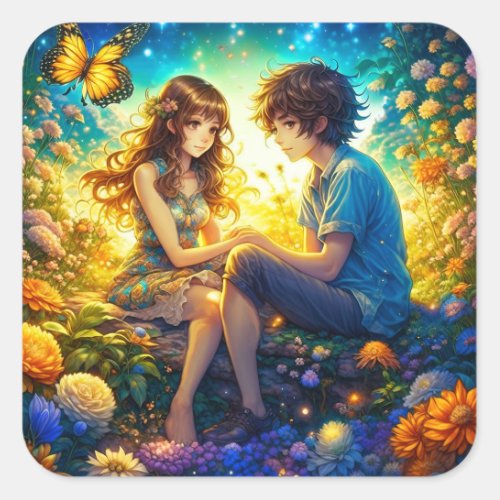 Ethereal Anime Boy and Girl in Love Square Sticker