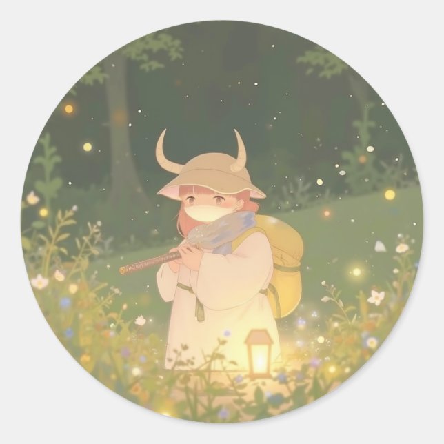 Ethereal Anime Girl with Horns in Whimsical Meadow Classic Round Sticker (Front)