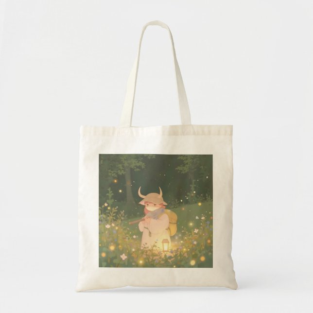 Ethereal Anime Girl with Horns in Whimsical Meadow Tote Bag (Front)