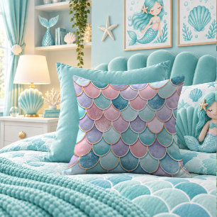 Ethereal Aqua Mermaid Scales Shine Throw Pillow