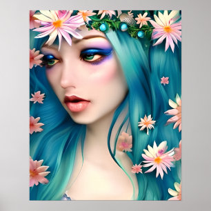 Ethereal Art Beautiful Fairy with Blue Hair Poster