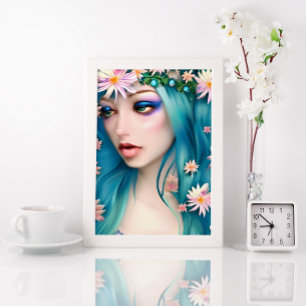 Ethereal Art Beautiful Fairy with Blue Hair Poster