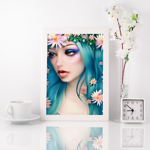 Ethereal Art  Beautiful Fairy with Blue Hair Poster