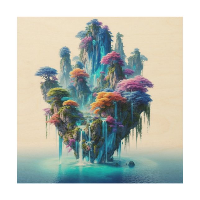 Ethereal Avatar Dreams: Vibrant Floating Island Wood Wall Art (Front)