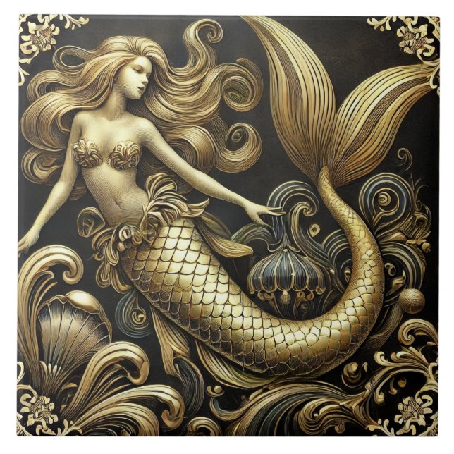 Ethereal Baroque Golden Mermaid Ceramic Tile (Front)