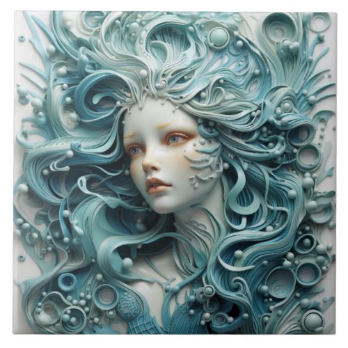 Ethereal Beauty, Detailed Blue-haired Mermaid Ceramic Tile