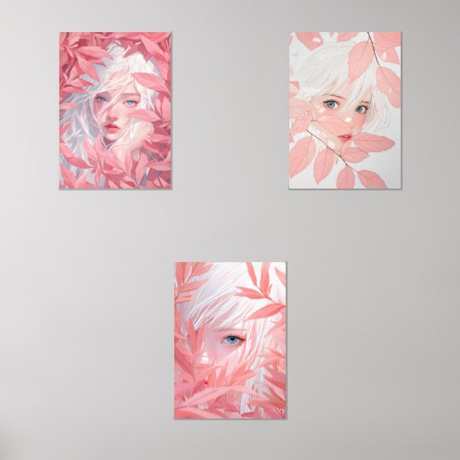 Ethereal Beauty in Bloom Dreamy White-Haired Wall Art Sets (Front)