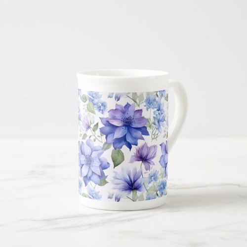 Ethereal Blooms Blue Purple Flowers Bone China Mug