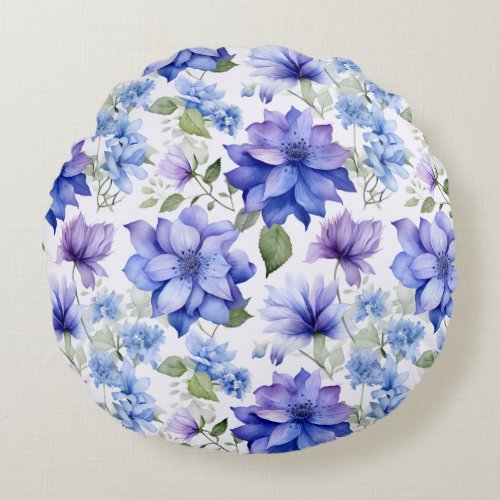 Ethereal Blooms Blue Purple Flowers Round Pillow