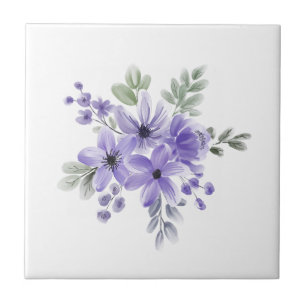 "Ethereal Blooms: Purple Watercolor Flower Bouquet Ceramic Tile