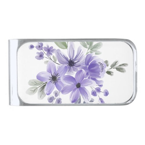 Ethereal Blooms Purple Watercolor Flower Bouquet Silver Finish Money Clip